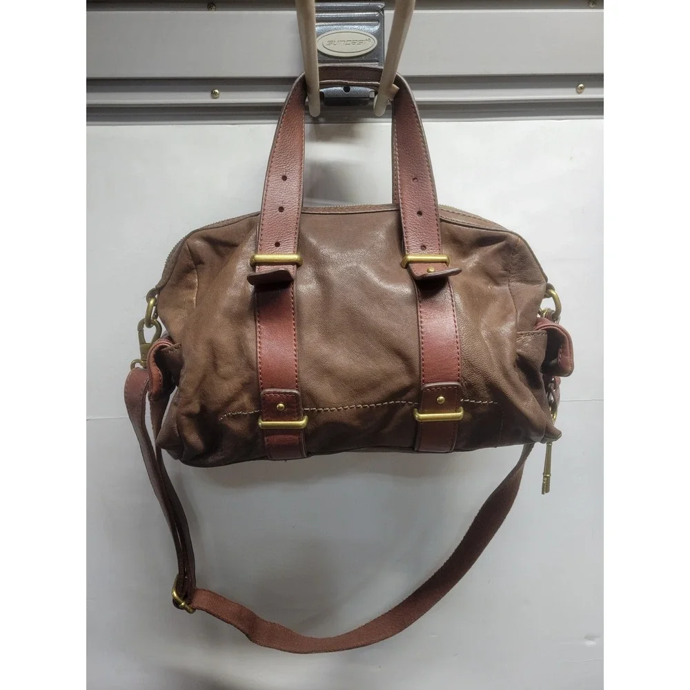 Fossil Brown Leather Satchel Crossbody Bag Brass Hardware Turn Lock Key Charm